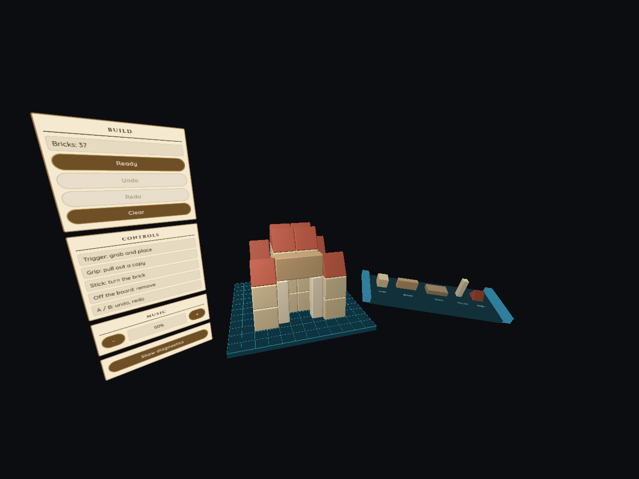 A finished castle of sand-coloured bricks with red roofs standing on the Castle XR grid, the parchment build panel floating to its left and the brick tray — cube, block, plate, pillar, roof — parked to the right.