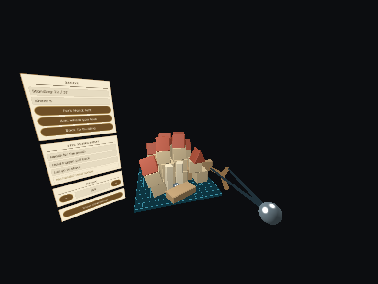 The same castle mid-siege: walls broken open, roofs knocked askew and bricks strewn across the board, with the slingshot's pouch drawn back for the next stone at the right.