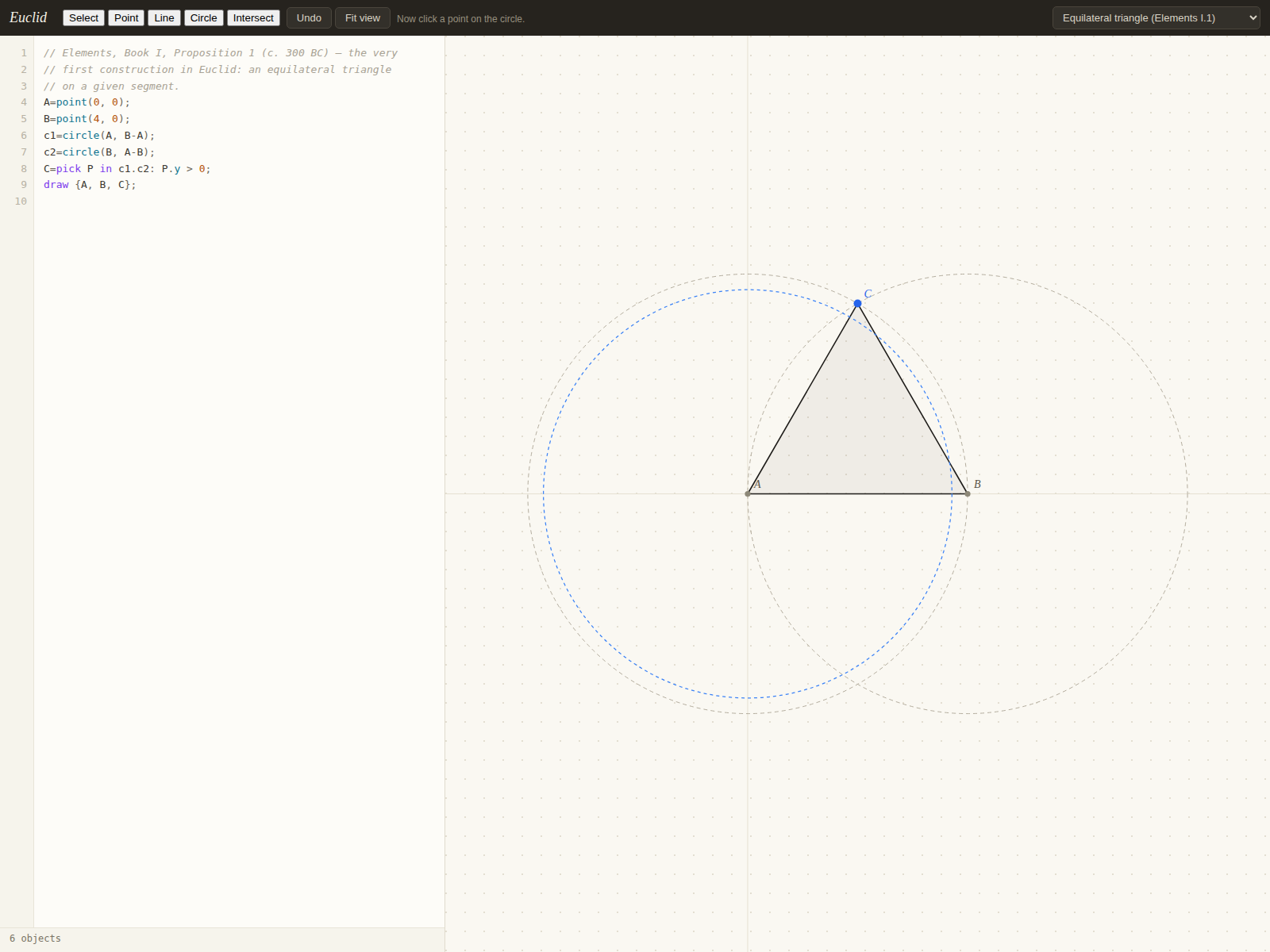 The equilateral triangle from Elements I.1 in the editor, with the circle tool mid-step: a dashed blue preview circle follows the cursor and the toolbar prompts for a point on the circle.