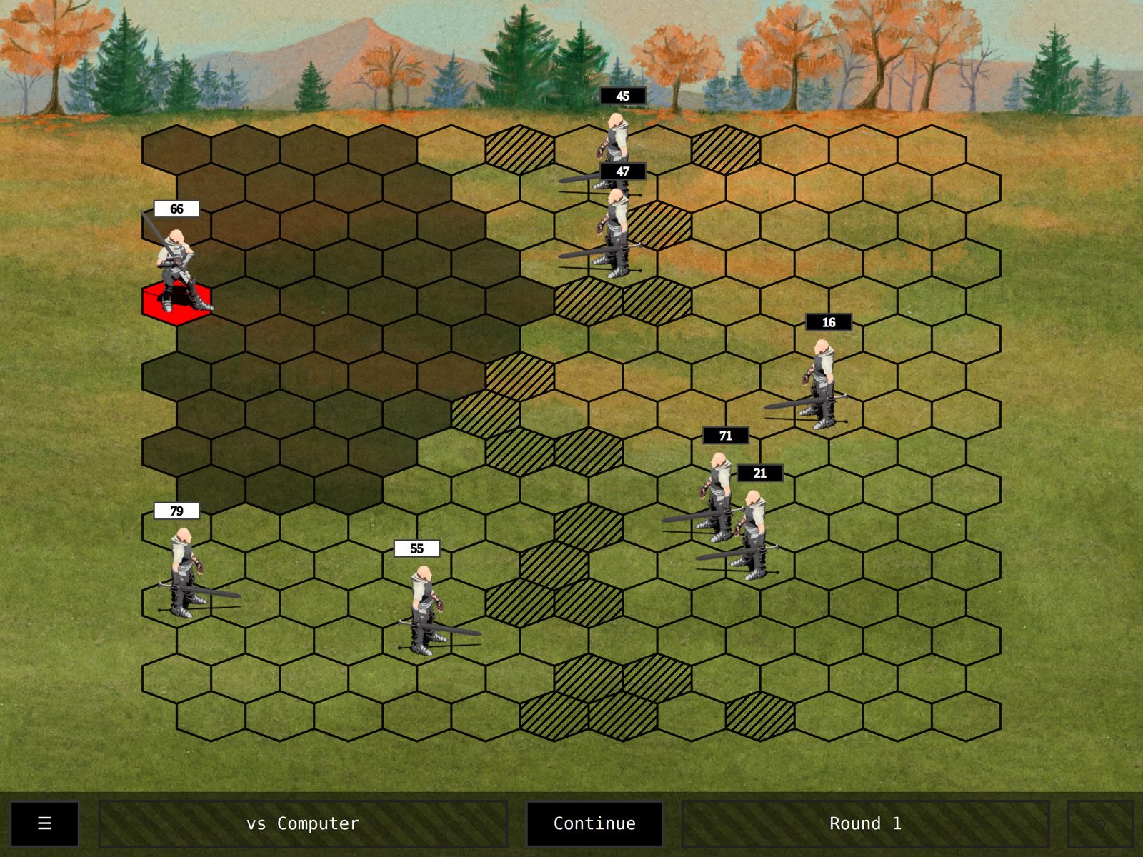 A hex battlefield with two armies of knights, the active stack standing on a red field and its reachable area shaded around it.