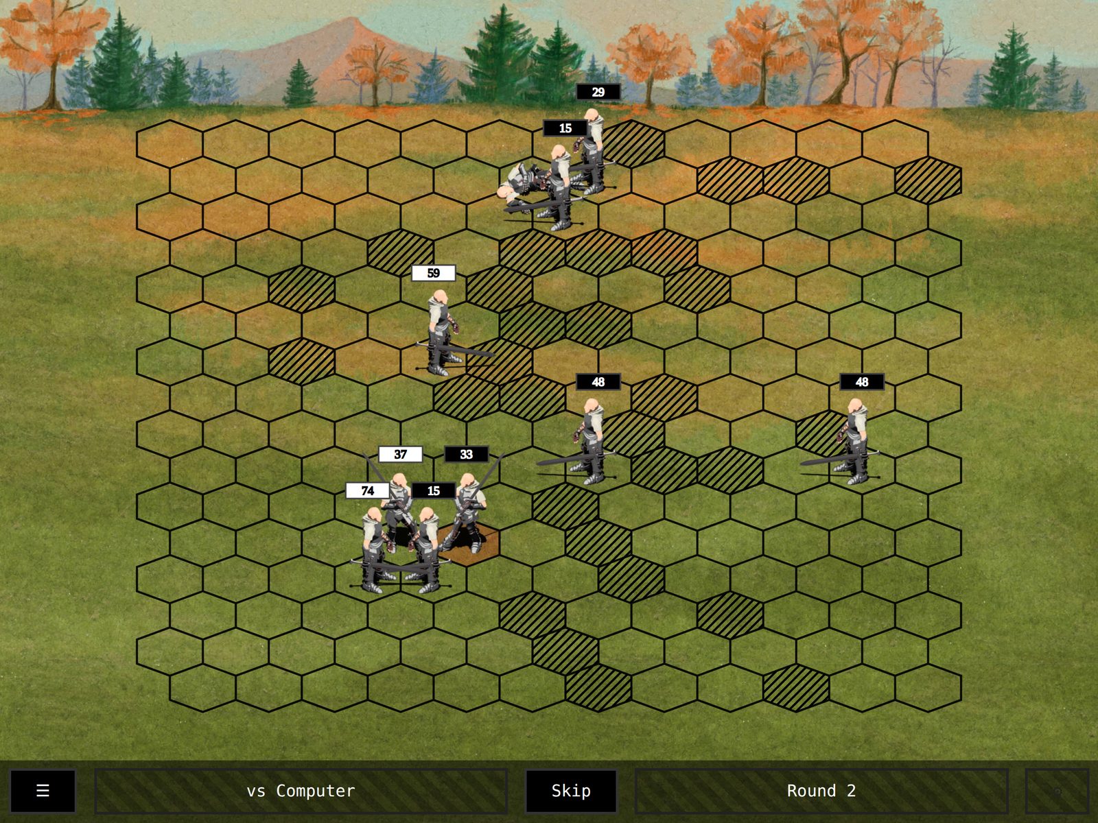 The same battlefield later on, with the two armies interlocked in the middle and one stack knocked down.