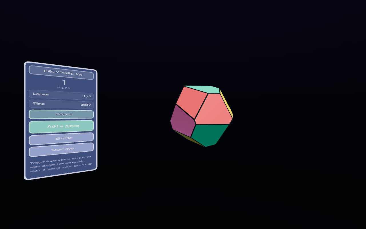 The Polytope XR scene: an assembled coloured polytope hanging in the dark, with a floating panel to the left reading one piece, solved.