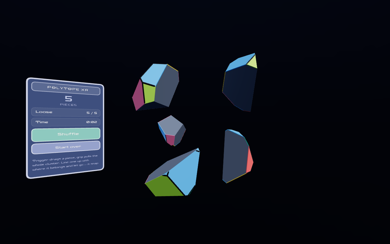 The Polytope XR scene with the polytope split into five shards drifting apart, the panel to the left reading five pieces and five loose.